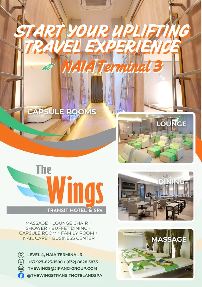 The Wings flyer showing its capsule rooms, reclining lounge chairs, buffet dining room, and massage beds at NAIA Terminal 3