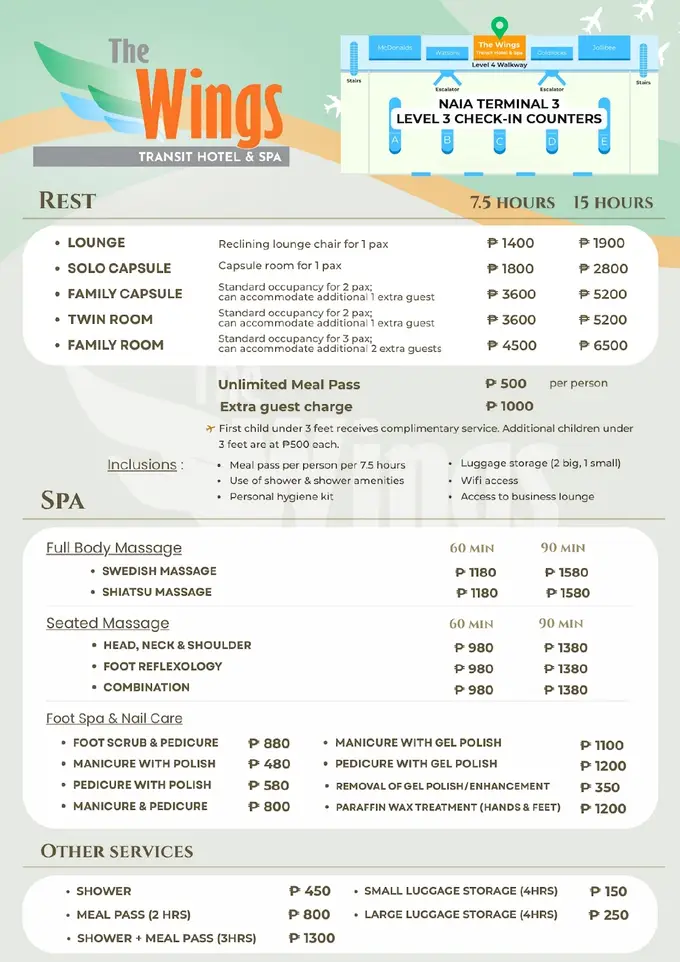 The Wings rate card listing room, spa, shower, and luggage storage prices, with a map showing its spot on the Level 4 walkway between Watsons and Goldilocks