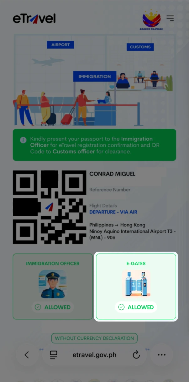 An eTravel QR pass marked as eligible for the immigration e-gates